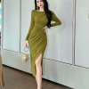 Fashion Mesh Elegant Sequin O-Neck Folds Party Prom Robe Long Dress - Image 2