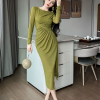 Fashion Mesh Elegant Sequin O-Neck Folds Party Prom Robe Long Dress - Image 5