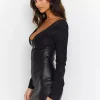 Elegant Faux Leather Long Sleeve Zip-up Bodycon Dress - Image 2