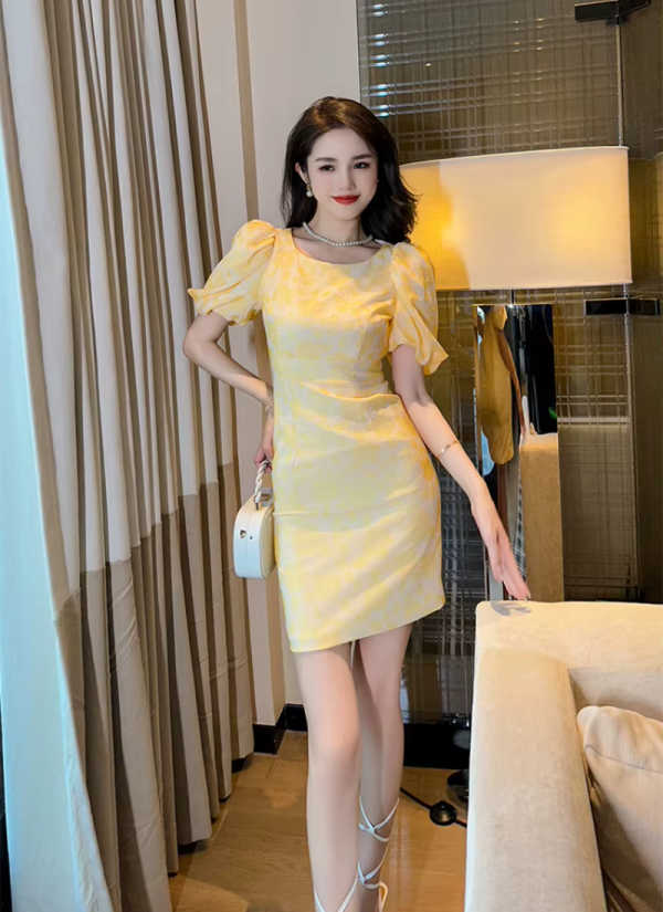 Formal Fashion Pencil Short Print Retro Puff Sleeve Street Clothes Slim Mini Party Dress