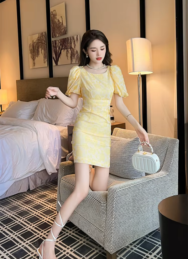 Formal Fashion Pencil Short Print Retro Puff Sleeve Street Clothes Slim Mini Party Dress - Image 6