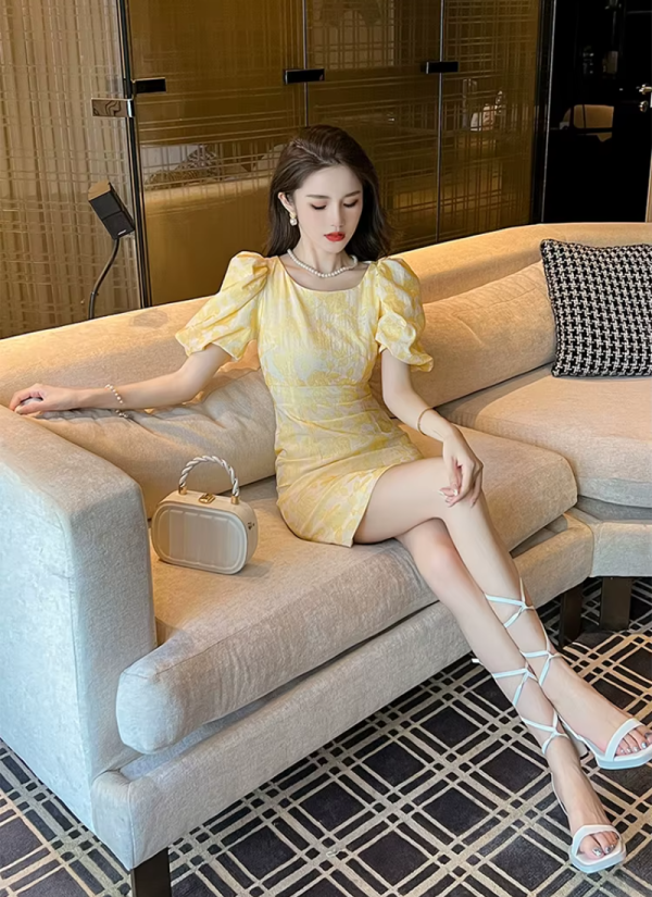 Formal Fashion Pencil Short Print Retro Puff Sleeve Street Clothes Slim Mini Party Dress - Image 3