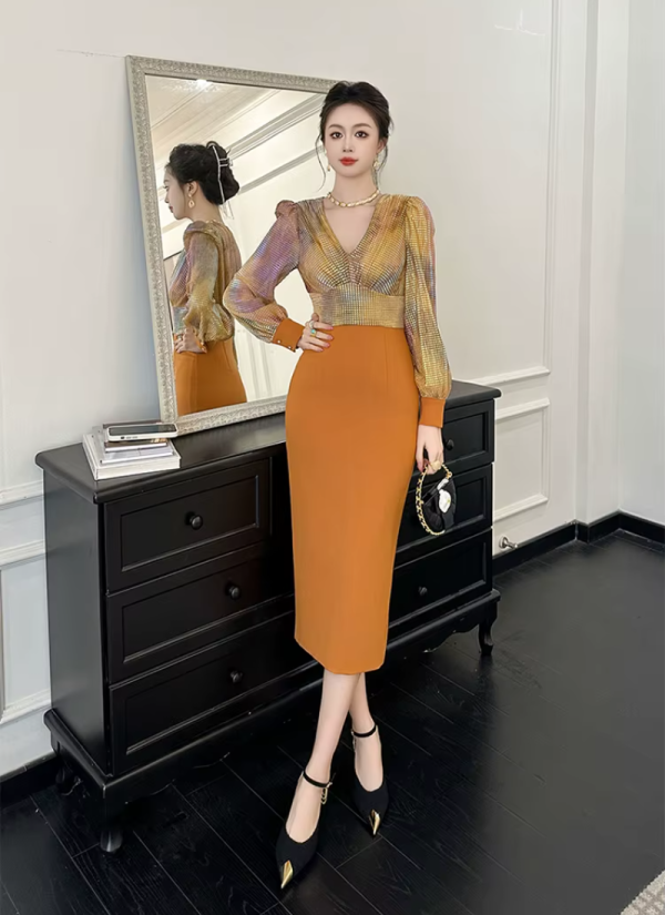 Formal Style Occasion Elegant Office V-Neck High Waist Slim Midi Pencil Dress - Image 9