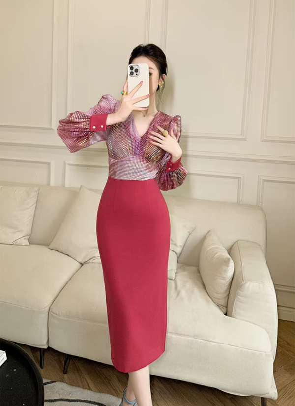 Formal Style Occasion Elegant Office V-Neck High Waist Slim Midi Pencil Dress - Image 12