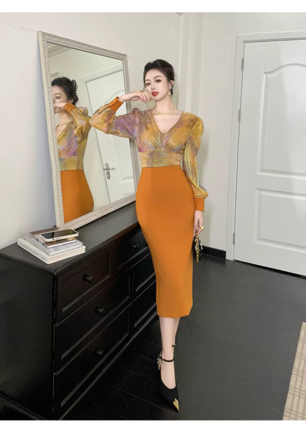 Formal Style Occasion Elegant Office V-Neck High Waist Slim Midi Pencil Dress - Image 7