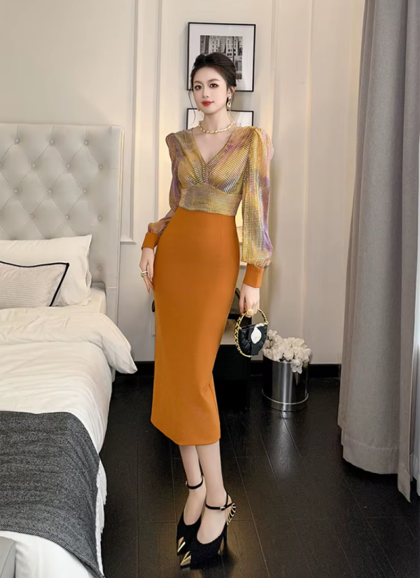 Formal Style Occasion Elegant Office V-Neck High Waist Slim Midi Pencil Dress - Image 6