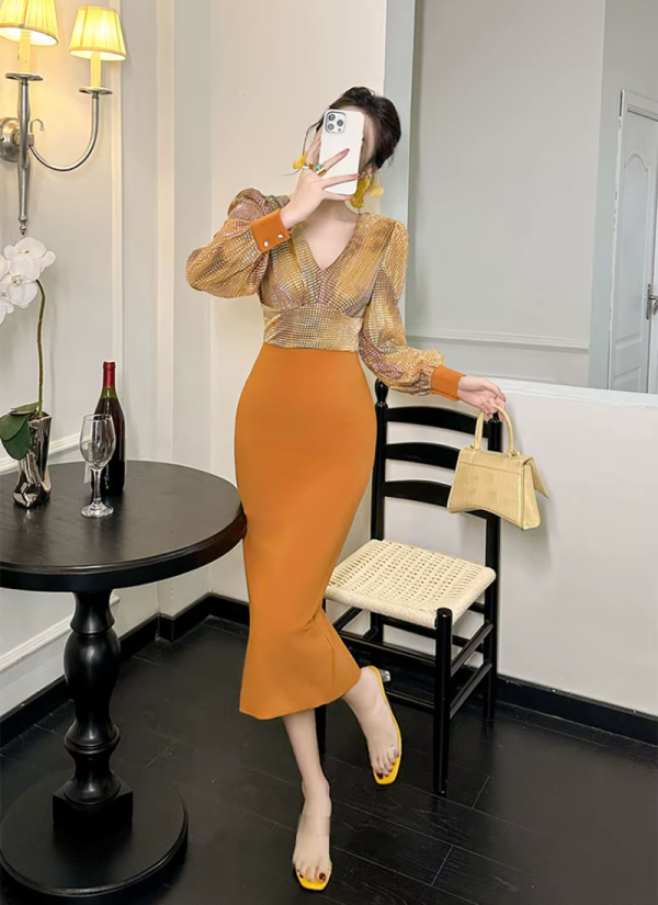 Formal Style Occasion Elegant Office V-Neck High Waist Slim Midi Pencil Dress - Image 5