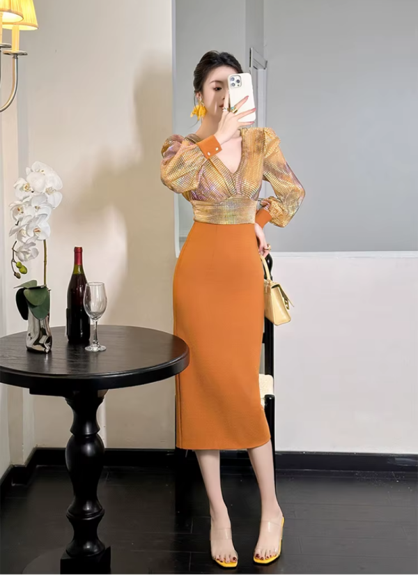 Formal Style Occasion Elegant Office V-Neck High Waist Slim Midi Pencil Dress - Image 3