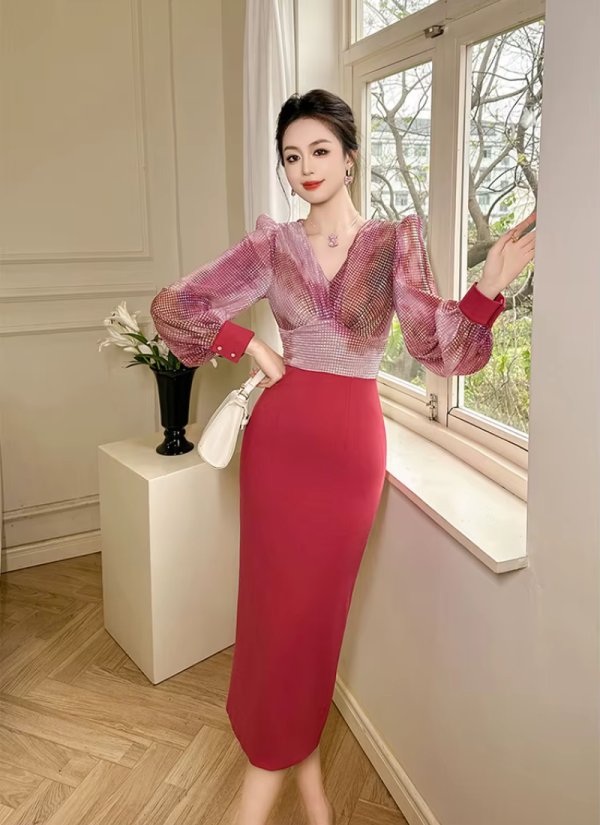 Formal Style Occasion Elegant Office V-Neck High Waist Slim Midi Pencil Dress - Image 16