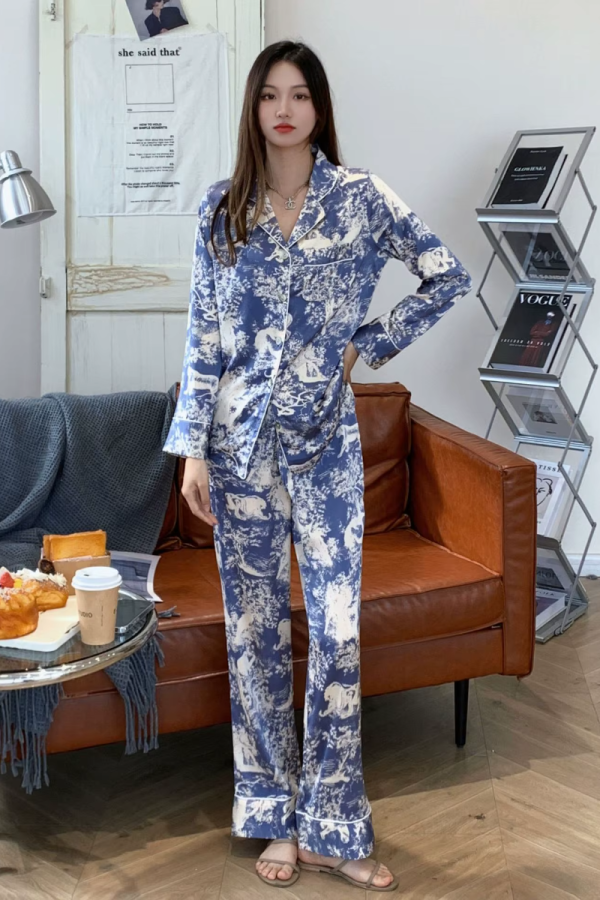 High-grade Ice Silk Satin Loose Comfortable Thin  Print Sleepwear Sets