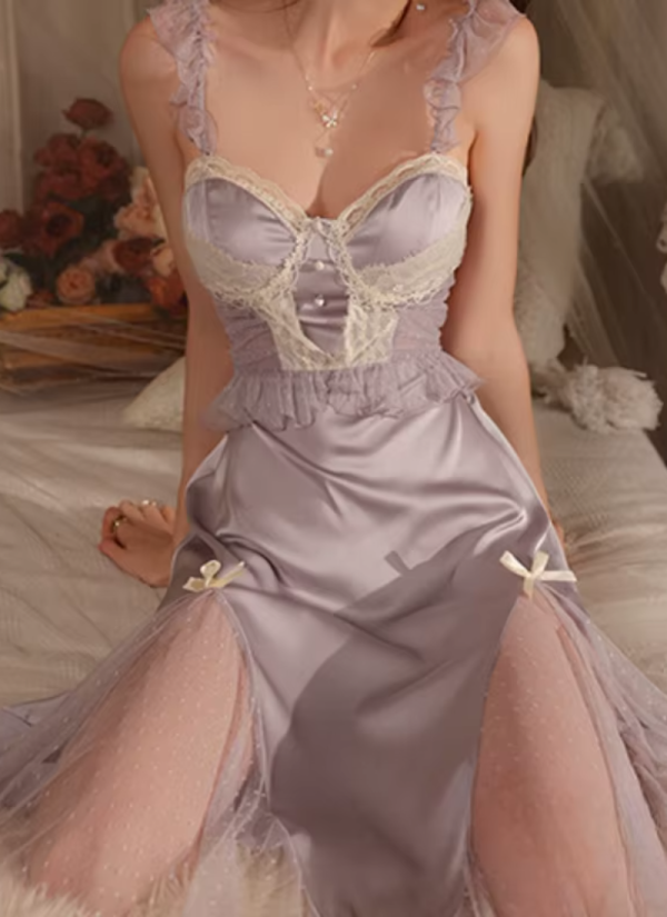 Lace Solid Satin V Neck Long Night Nightgown Sleepwear Princess Nightwear - Image 6