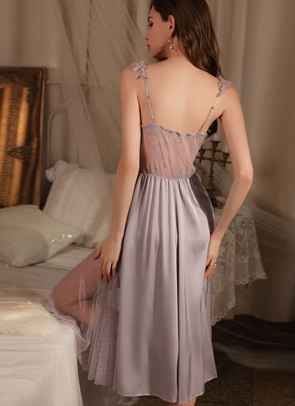 Lace Solid Satin V Neck Long Night Nightgown Sleepwear Princess Nightwear - Image 8