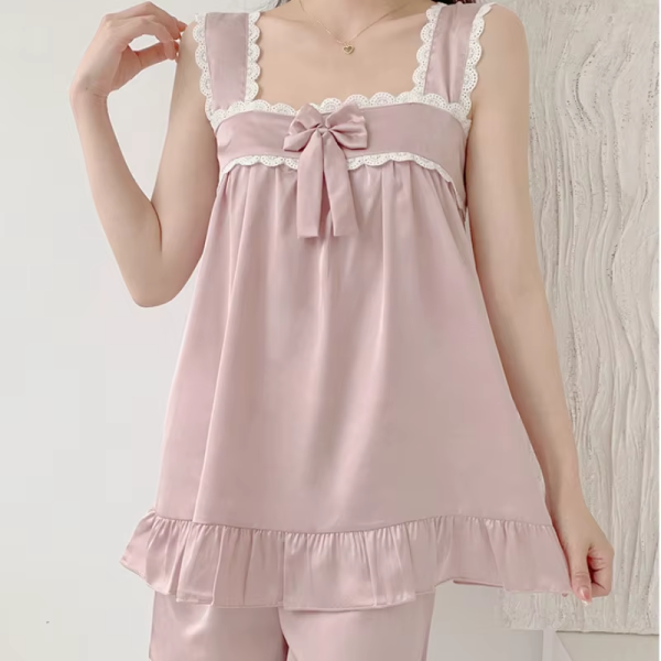 Loose Ice Silk Loungewear Satin Solid Tops Shorts Two Piece Nightwear Sets - Image 2