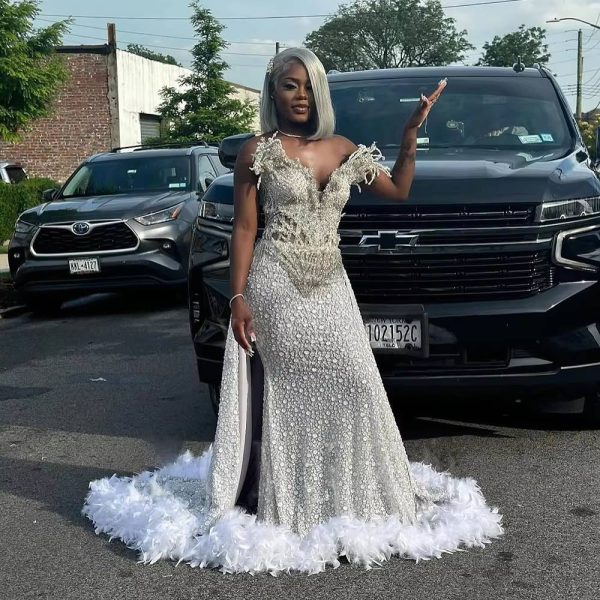 Luxury Rhinestone Diamond Mermaid Feather Sleeveless Long Party Prom Dress - Image 2