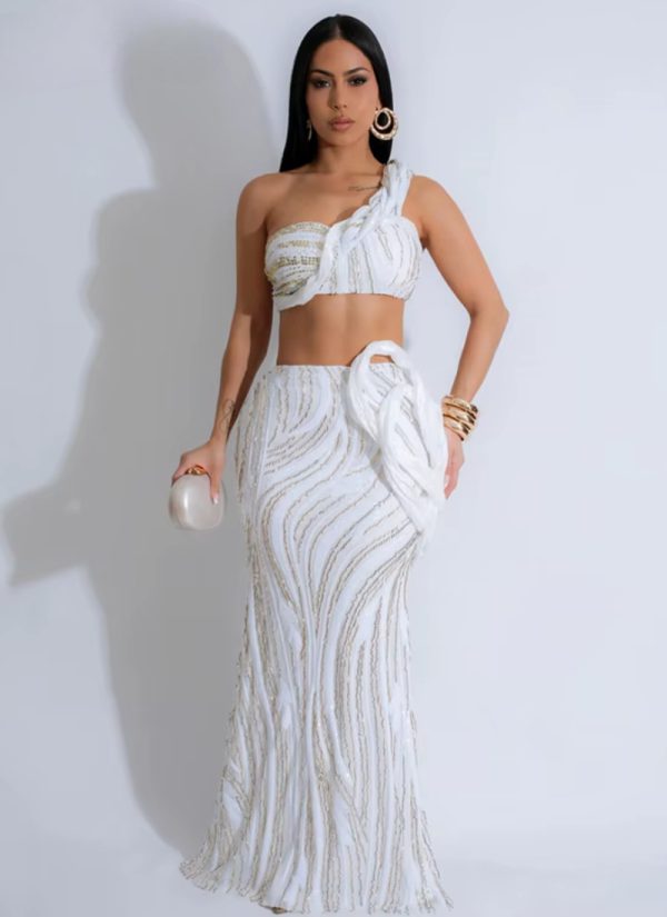 One Shoulder Sleeveless Crop Tops and Fishtail Skirt Two Piece Sets Outfits - Image 3