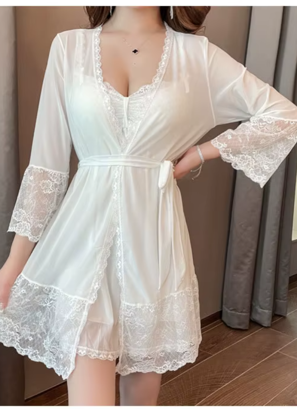 Padded Mini Chemise Nightwear Dress Mesh Lace Nightgown Robe Sets - Image 17