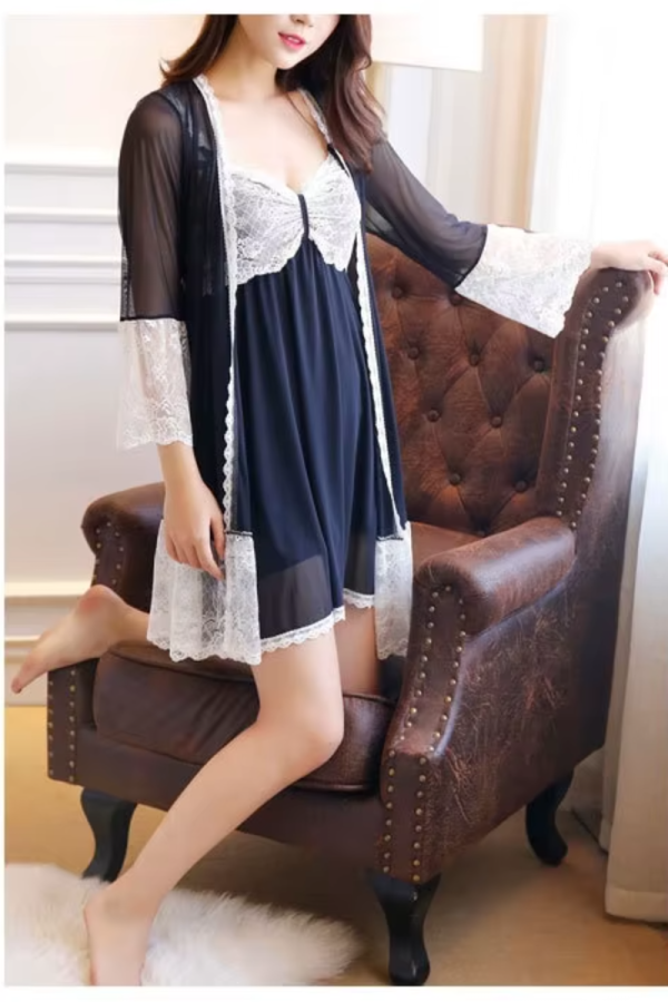 Padded Mini Chemise Nightwear Dress Mesh Lace Nightgown Robe Sets - Image 3