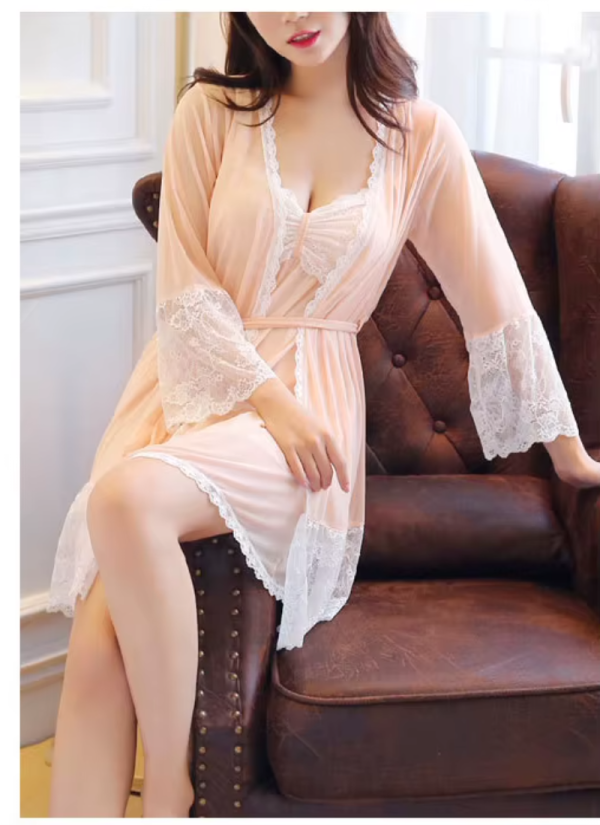 Padded Mini Chemise Nightwear Dress Mesh Lace Nightgown Robe Sets - Image 5