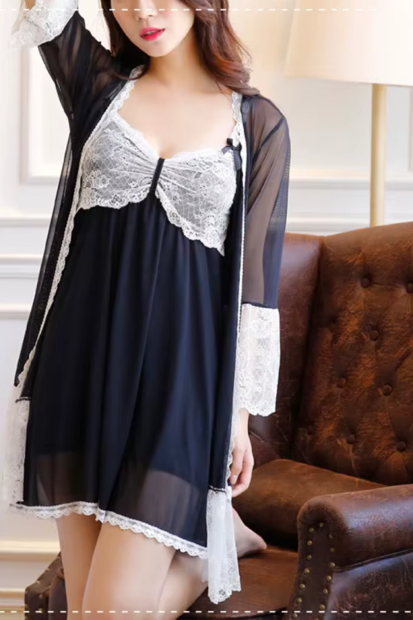 Padded Mini Chemise Nightwear Dress Mesh Lace Nightgown Robe Sets - Image 4