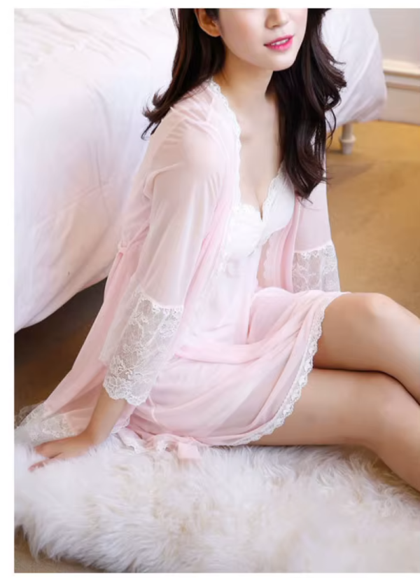 Padded Mini Chemise Nightwear Dress Mesh Lace Nightgown Robe Sets - Image 13