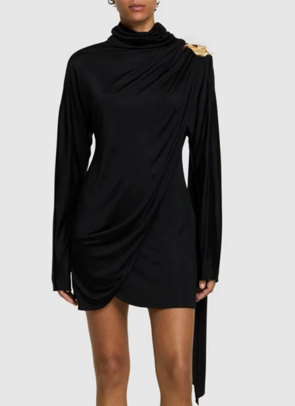 Patchwork Asymmetrical Draped Slim Turtleneck Long Sleeve Draped Mini Dresses