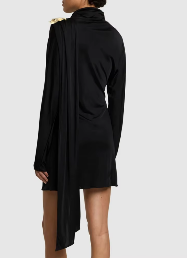 Patchwork Asymmetrical Draped Slim Turtleneck Long Sleeve Draped Mini Dresses - Image 2