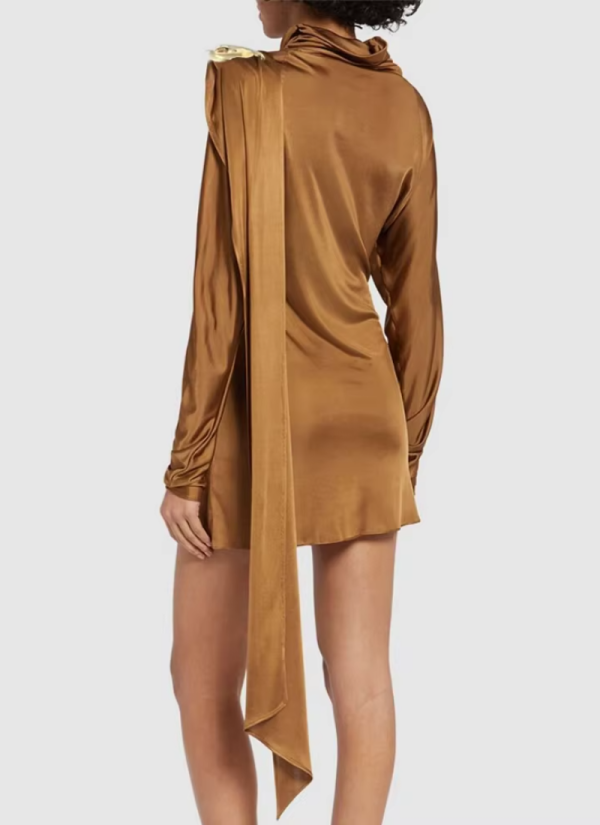 Patchwork Asymmetrical Draped Slim Turtleneck Long Sleeve Draped Mini Dresses - Image 4