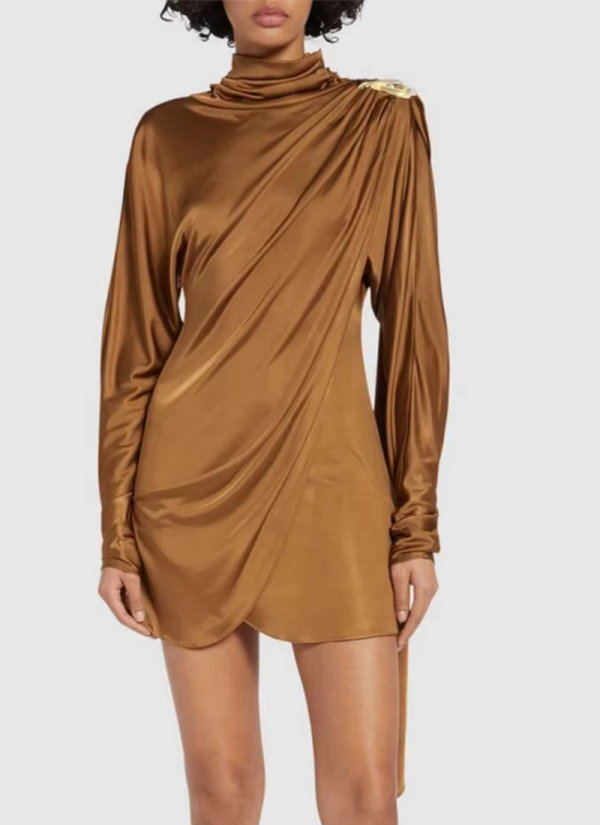 Patchwork Asymmetrical Draped Slim Turtleneck Long Sleeve Draped Mini Dresses - Image 3