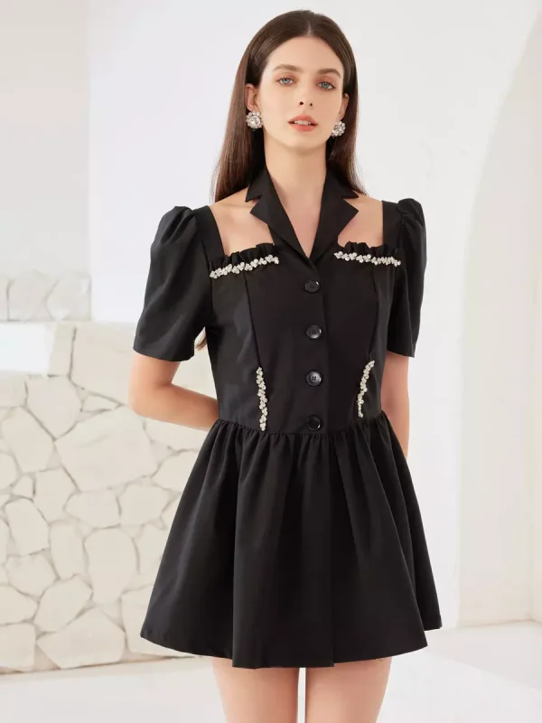 Rhinestone Halter Neck Short Sleeve A-line Pleated Dress