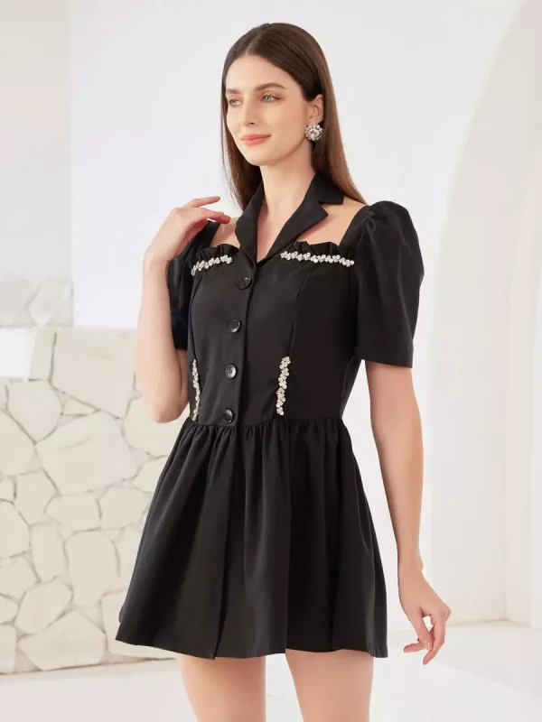 Rhinestone Halter Neck Short Sleeve A-line Pleated Dress - Image 3