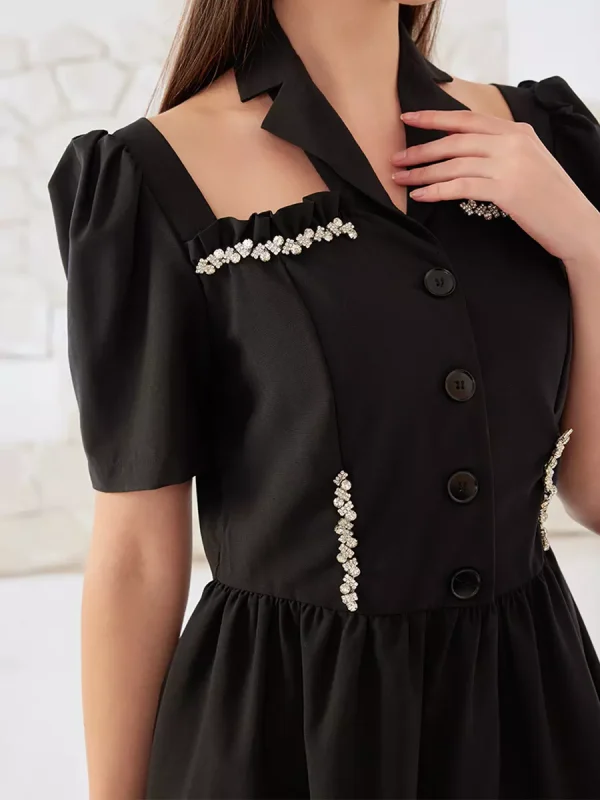 Rhinestone Halter Neck Short Sleeve A-line Pleated Dress - Image 4