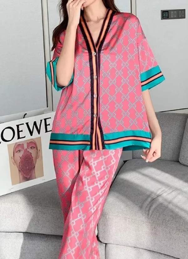 Satin Silk Thin Printing Short Sleeves Long Pants Homeware Sleepwear Sets - Image 6