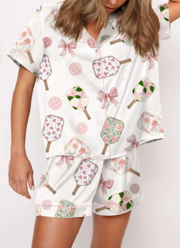 Silk 2 Piece Short Sleeve Preppy Shirt Pajamas Lounge Set Comfy Sleepwear - Image 2