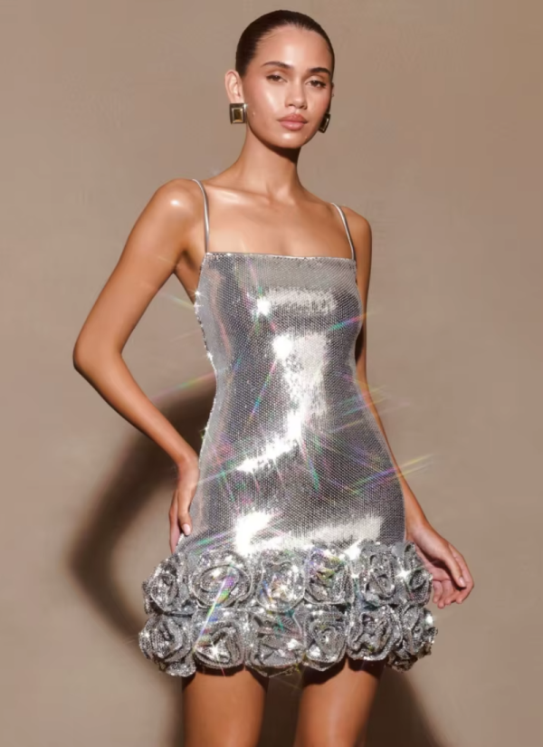 Sliver Sparkle Sequins Sleeveless Spaghetti Strap Shiny Sequin Mini Floral Slim Dresses - Image 8