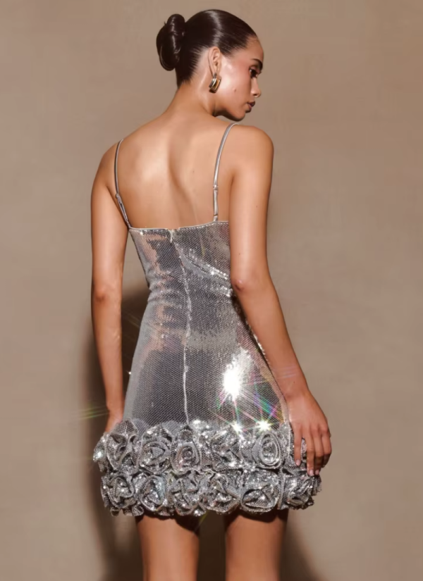 Sliver Sparkle Sequins Sleeveless Spaghetti Strap Shiny Sequin Mini Floral Slim Dresses - Image 7