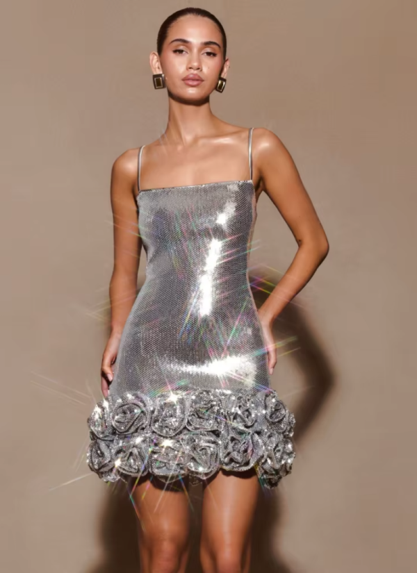 Sliver Sparkle Sequins Sleeveless Spaghetti Strap Shiny Sequin Mini Floral Slim Dresses - Image 6