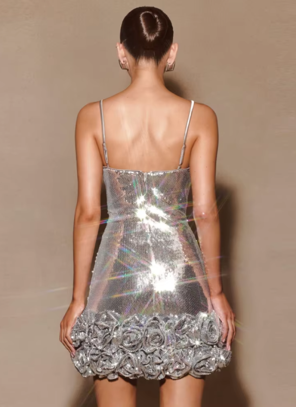 Sliver Sparkle Sequins Sleeveless Spaghetti Strap Shiny Sequin Mini Floral Slim Dresses - Image 5