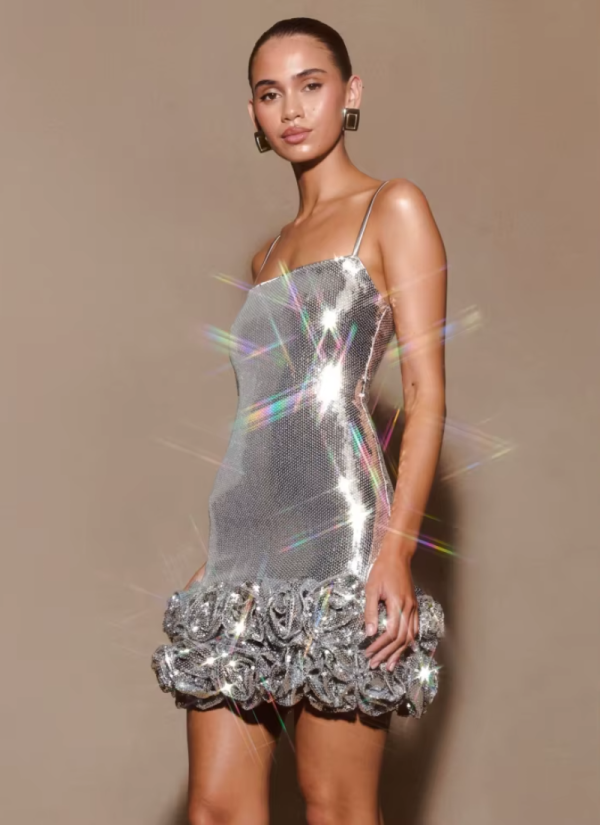 Sliver Sparkle Sequins Sleeveless Spaghetti Strap Shiny Sequin Mini Floral Slim Dresses - Image 3