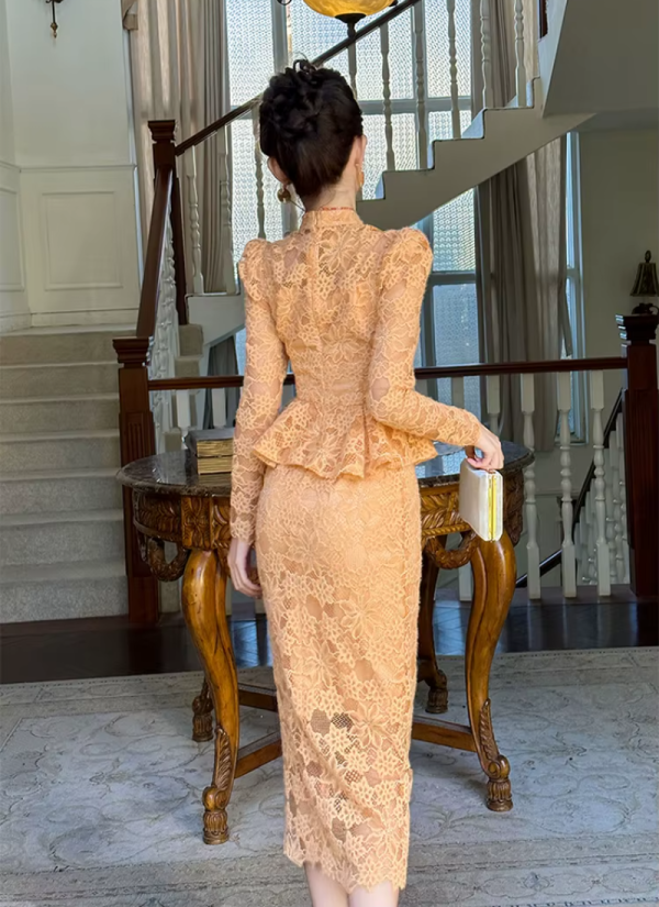 Vintage Fashion Lace Elegant Sweet Chic Sheer Slim Long Robe Dresses - Image 3