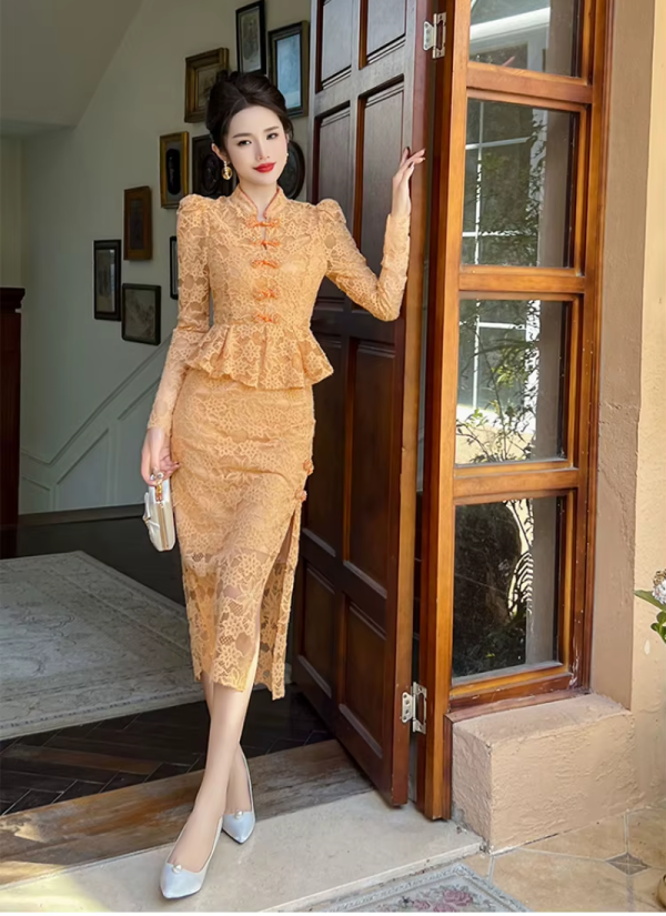 Vintage Fashion Lace Elegant Sweet Chic Sheer Slim Long Robe Dresses