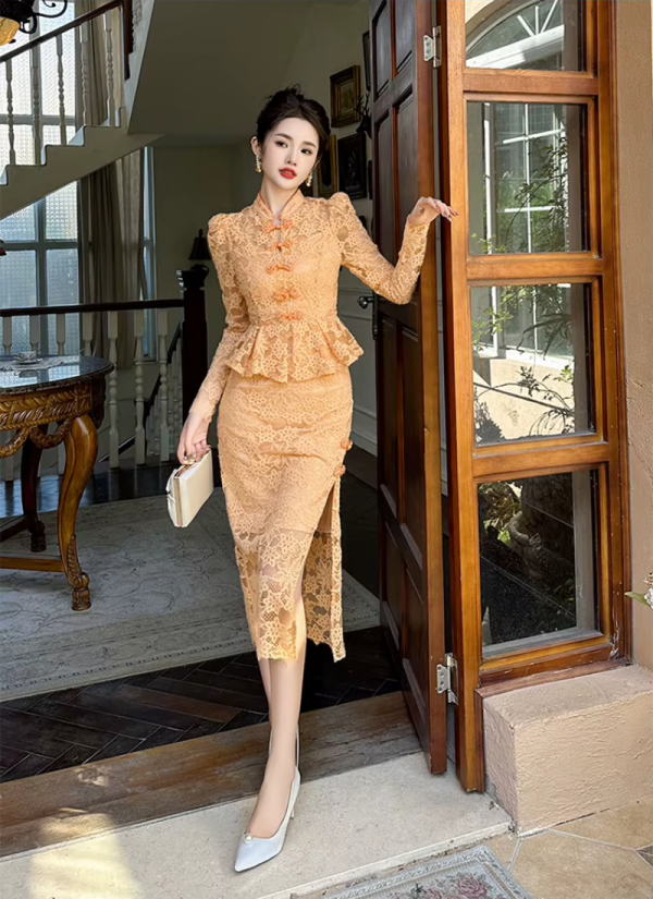 Vintage Fashion Lace Elegant Sweet Chic Sheer Slim Long Robe Dresses - Image 5