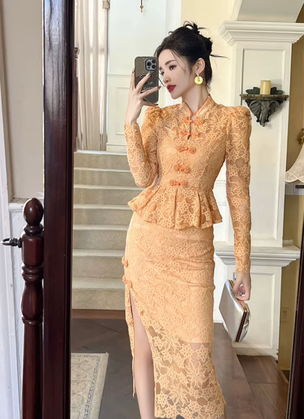 Vintage Fashion Lace Elegant Sweet Chic Sheer Slim Long Robe Dresses - Image 4