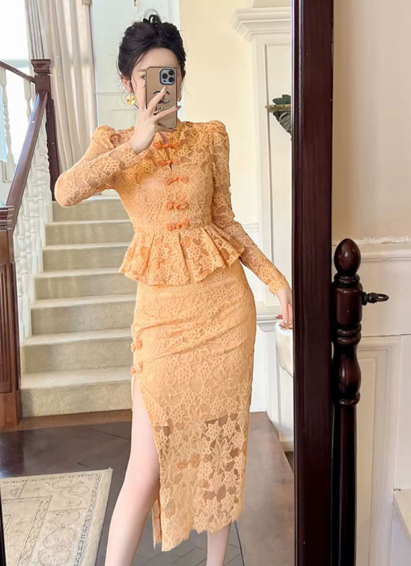 Vintage Fashion Lace Elegant Sweet Chic Sheer Slim Long Robe Dresses - Image 2