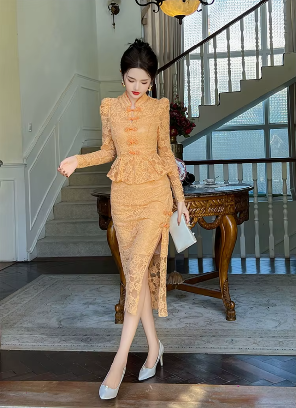 Vintage Fashion Lace Elegant Sweet Chic Sheer Slim Long Robe Dresses - Image 11