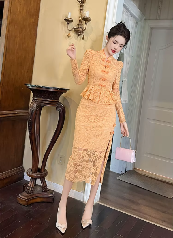 Vintage Fashion Lace Elegant Sweet Chic Sheer Slim Long Robe Dresses - Image 10