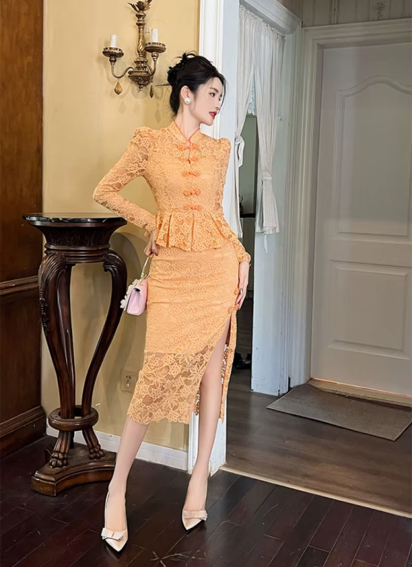 Vintage Fashion Lace Elegant Sweet Chic Sheer Slim Long Robe Dresses - Image 8