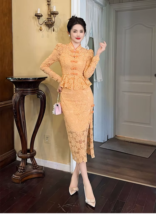 Vintage Fashion Lace Elegant Sweet Chic Sheer Slim Long Robe Dresses - Image 7