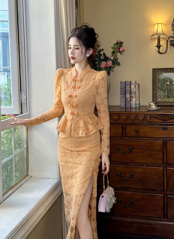 Vintage Fashion Lace Elegant Sweet Chic Sheer Slim Long Robe Dresses - Image 6