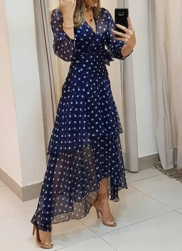 Vintage Fashion Polkadot V-Neck Layered Ruffles Maxi Dress