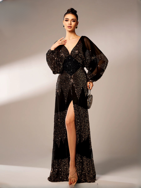 Elegant V Neck Lantern Sleeves Panel Sequin Loose Evening Maxi Dresses - Image 10